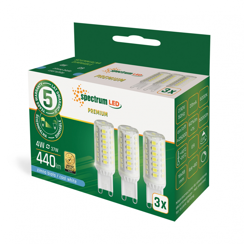 Żarówka LED G9 230V 4W CW DIMMABLE SMD PREMIUM SPECTRUM 3-PACK, 6000K, WOJ+14486