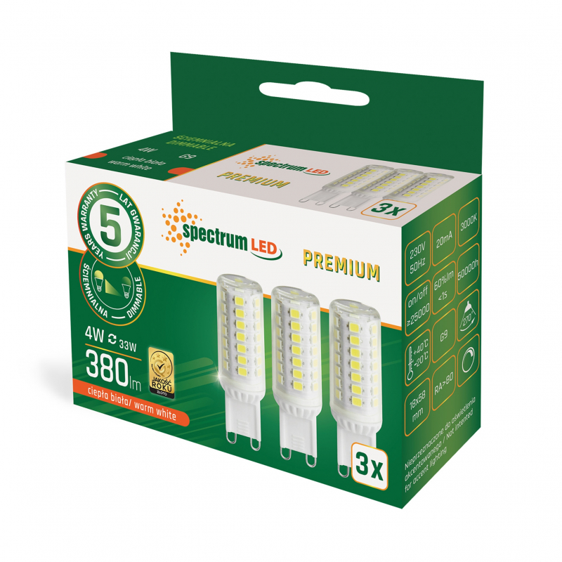Żarówka LED G9 230V 4W WW DIMMABLE SMD PREMIUM SPECTRUM, 4000K 3-PACK WOJ+14484