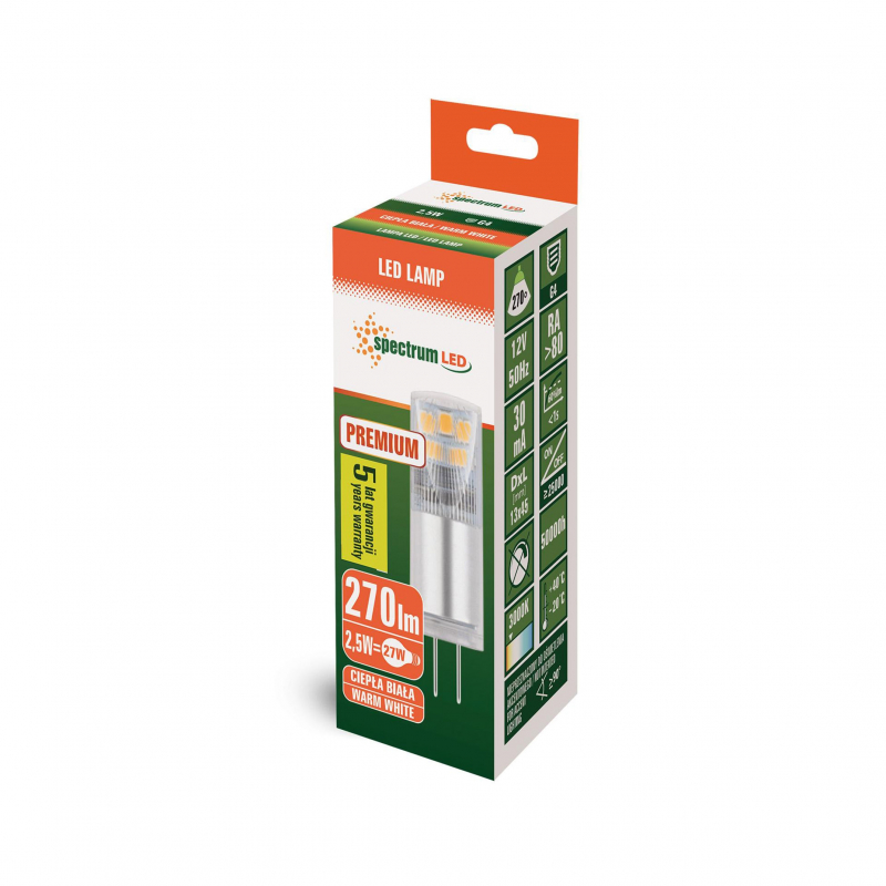 Żarówka LED G4 2,5W 12V PREMIUM, 3000K WOJ+14430