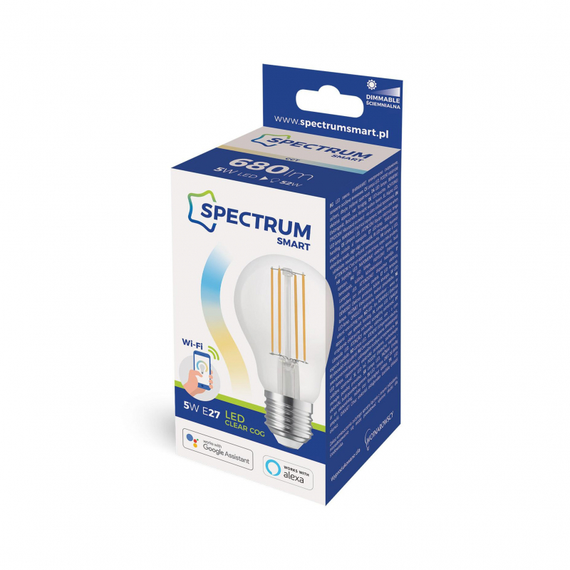 Żarówka LED GLS 5W 2700K-6500K COG 230V CCT+DIMM CLEAR Wi-Fi SpectrumSMART WOJ+14418