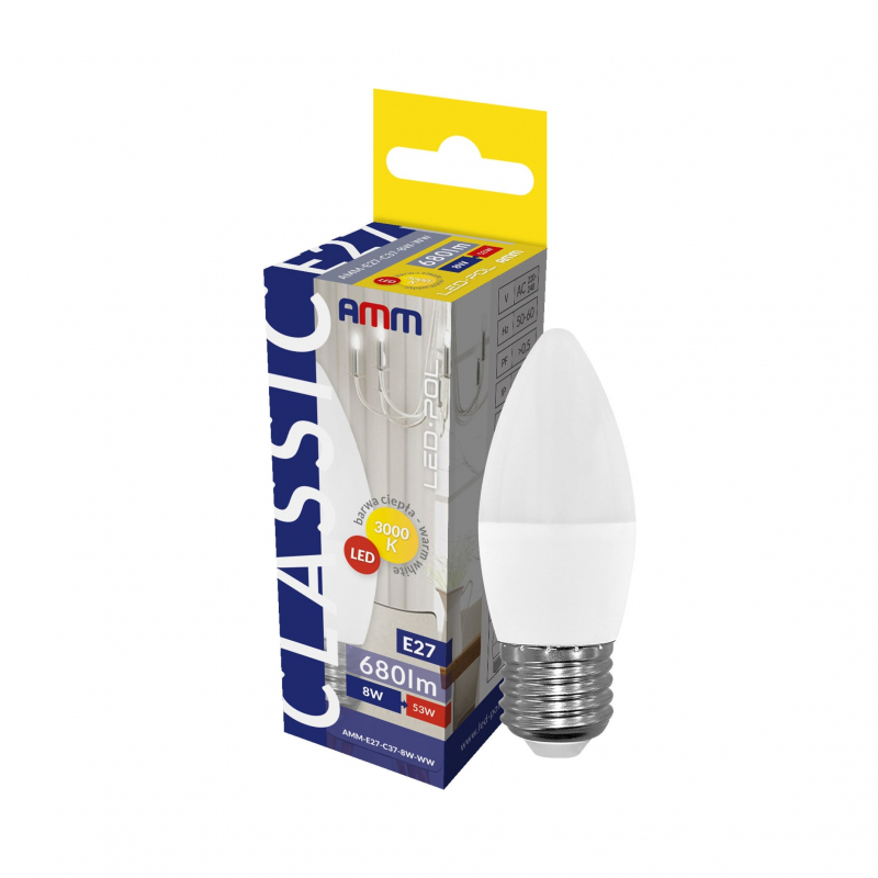 Żarówka LED AMM-E27-C37-8W-WW, 3000K