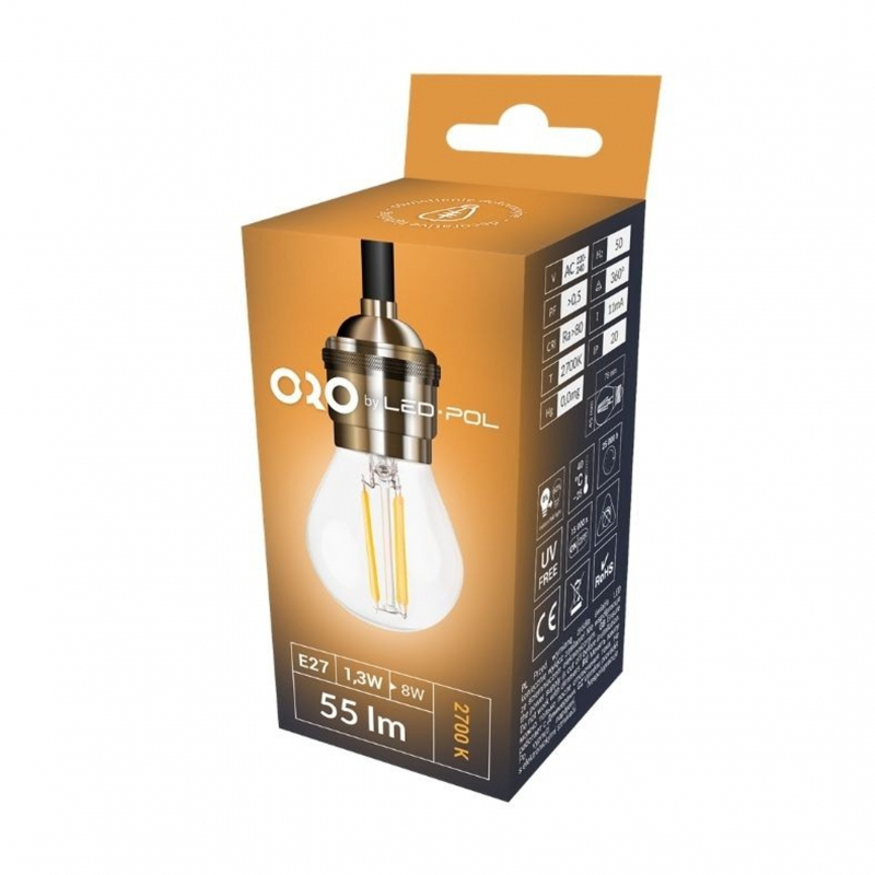 Żarówka LED ORO-E27-G45-FL-CLARO-1,3W-WW, 2700K