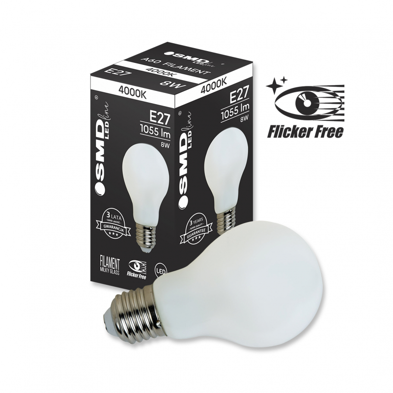 Żarówka LED E27 ZAR4519SLL 8W 4000K, Flicker Free