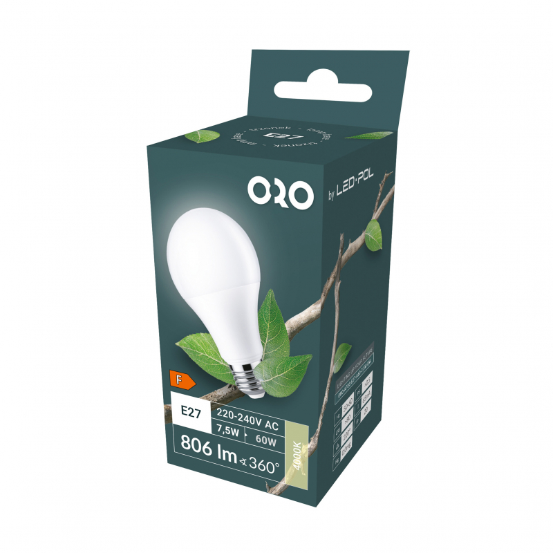 Żarówka ORO-ATOS-E27-A60-7,5W-DW, 4000K
