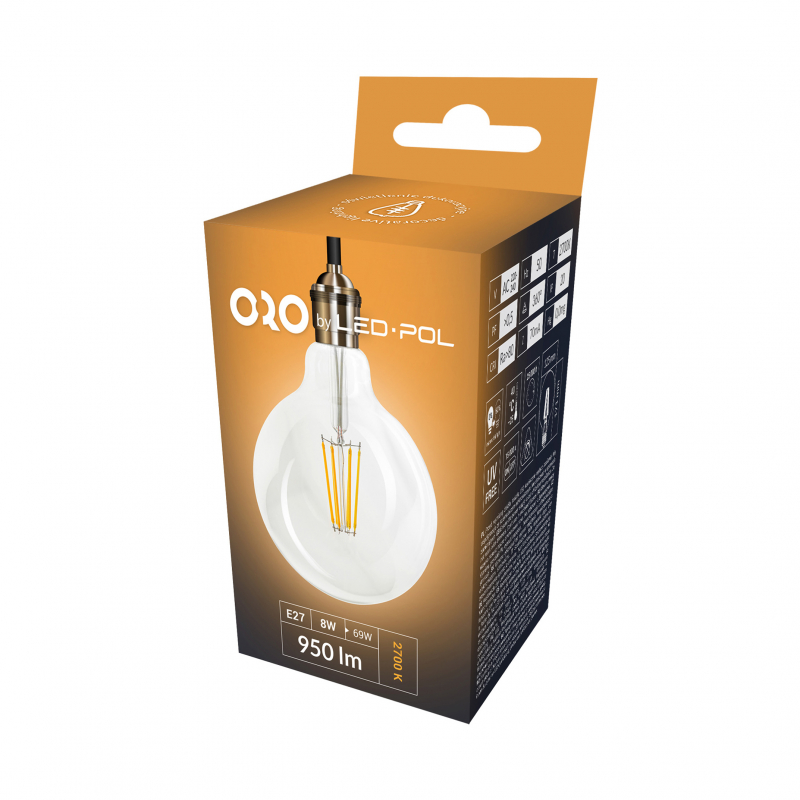 Żarówka ORO-E27-G125-FL-CLARO--8W-WW, 2700K