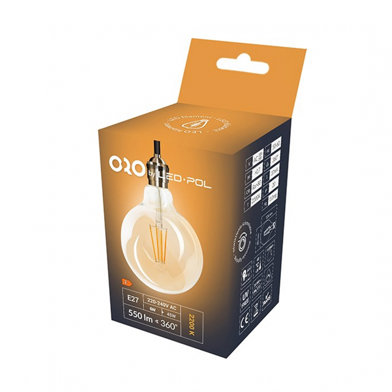 Żarówka LED ORO-E27-G80-FL-AMBER-6W-DIMM-WW, 2200K