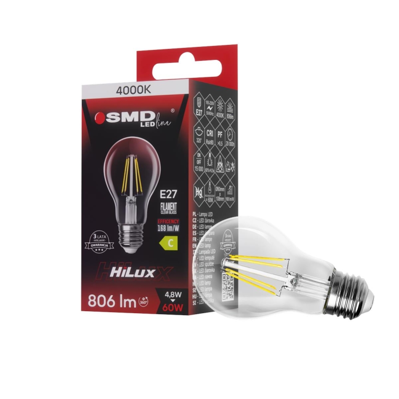 ŻARÓWKA E27 LED FILAME 4,8W NW CLEAR HiLux 4724
