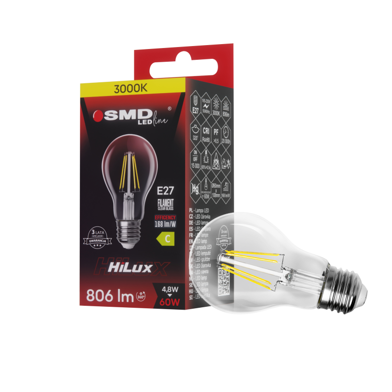 ŻARÓWKA E27 LED FILAME 4,8W WW CLEAR HiLux 4960