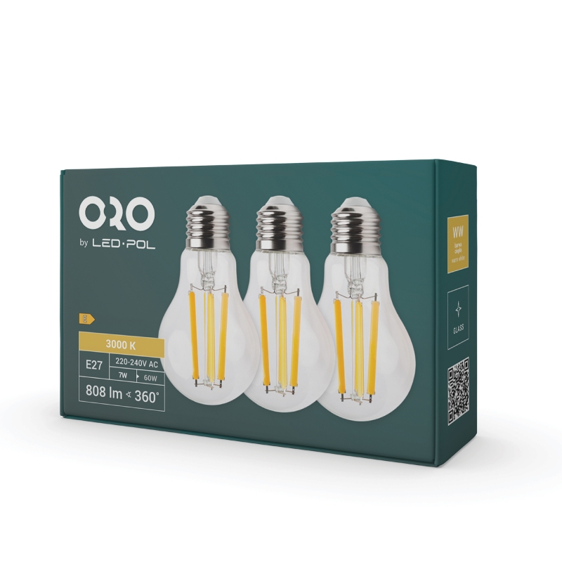 Zestaw żarówek (3szt) ORO 3XE27 A60 FL 7W WW